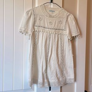 Anthropologie Leif Notes White High-Neck Blouse with Beads Sequins and Pom-Poms